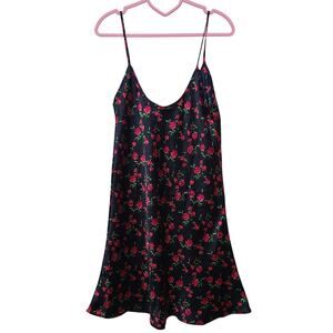 Womens Sz S Black Satin Magenta Floral Slip Dress Mini Dress Strappy Lingerie
